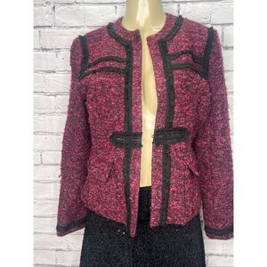Nanette Lepore Womens Magenta Black Tweed Open Front Blazer Jacket Size 10